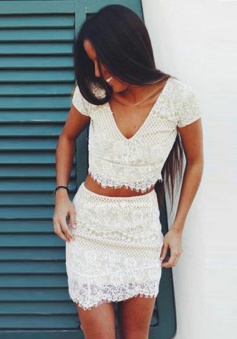 Two Piece Sheath V-Neck Cap Sleeves Short White Lace Homecoming Dress