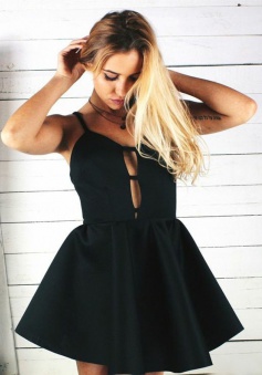 A-Line Spaghetti Straps Short Black Satin Homecoming Dress