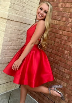 A-Line V-Neck Sleeveless Short Red Satin Homecoming Dress