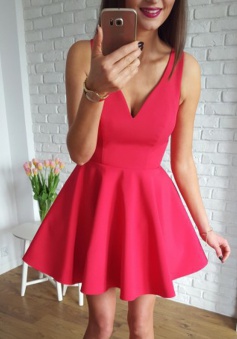 A-Line V-Neck Sleeveless Short Scarlet Satin Homecoming Dress