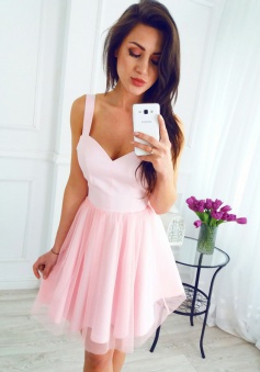 A-Line Scoop Sleeveless Short Pink Tulle Homecoming Dress