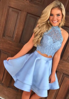 Two Piece Round Neck Short Tiered Satin Homecoming Dress with Lace