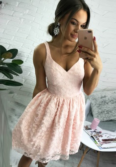 A-Line V-Neck Short Pearl Pink Lace Homecoming Dress