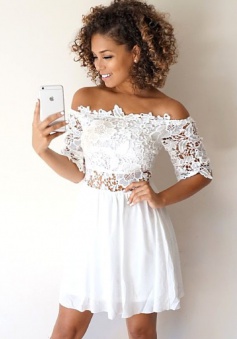 A-Line Off-the-Shoulder Half Sleeves White Homecoming Dress with Lace