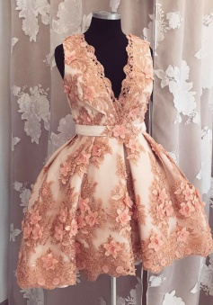 Ball Gown High Low V-Neck Blush Tulle Homecoming Dress with Flowers Beading