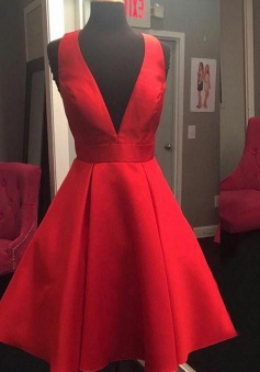 A-Line V-Neck Open Back Short Red Satin Homecoming Dress with Bowknot