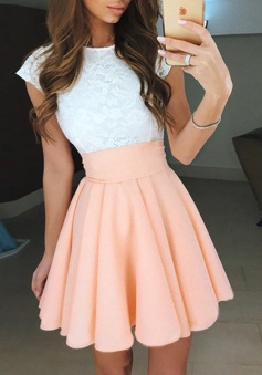 A-Line Jewel Cap Sleeves Pearl Pink Short Homecoming Dress with Lace