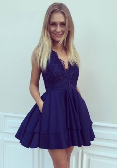 A-Line V-Neck Short Navy Blue Satin Homecoming Dress with Lace Sequins Pockets