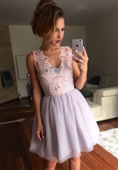 A-Line V-Neck Short Lavender Tulle Homecoming Dress with Lace