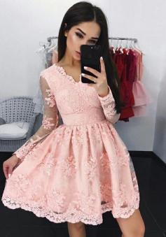 A-Line V-Neck Long Sleeves Short Pink Lace Homecoming Dress with Appliques