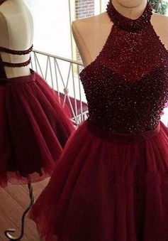 A-Line Halter Backless Burgundy Tulle Homecoming Dress with Beading