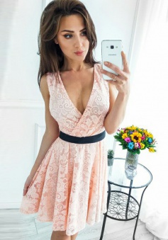 A-Line V-Neck Pearl Pink Lace Homecoming Dress with Sash