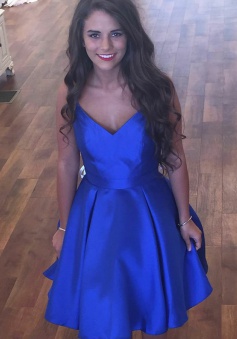 A-Line Spaghetti Straps Short Royal Blue Satin Homecoming Dress with Pockets