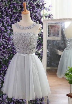 A-Line Bateau Short Grey Tulle Homecoming Dress with Beading Appliques