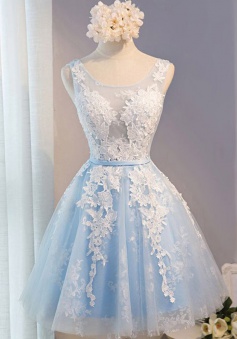 A-Line Scoop Short Light Blue Tulle Homecoming Dress with Appliques