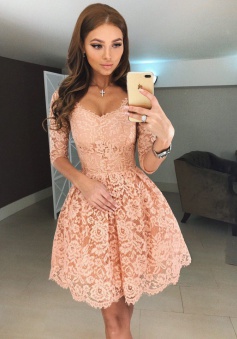 A-Line Scoop Half Sleeves Short Apricot Lace Homecoming Dress
