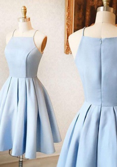 A-Line Spaghetti Straps Sleeveless Short Light Blue Satin Homecoming Dress