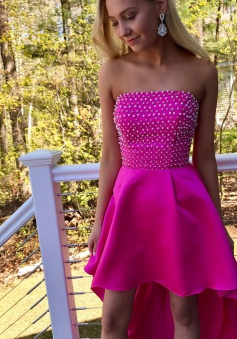 High Low Strapless Fuchsia Satin Homecoming Dress with Beading