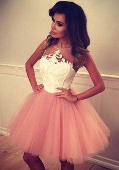 Ball Gown Jewel Short Pink Tulle Homecoming Dress with Appliques