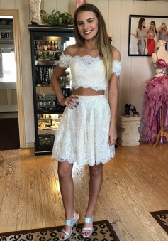Two Piece Off-the-Shoulder White Lace Homecoming Dress