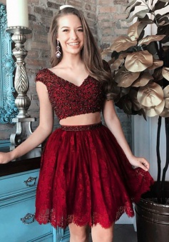 Two Piece V-Neck Cap Sleeves Short Burgundy Lace Homecoming Dress with Beading