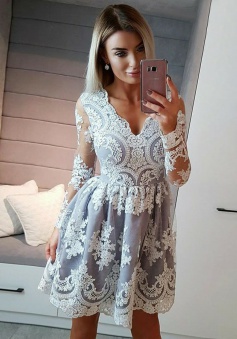 A-Line V-Neck Long Sleeves Light Grey Tulle Homecoming Dress with Appliques