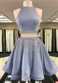 Two Piece Round Neck Short Light Sky Blue Beaded Satin Homecoming Dress