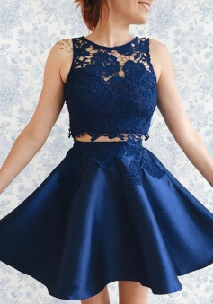 Two Piece Bateau Short Dark Blue Satin Homecoming Dress with Lace Appliques