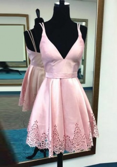 A-Line V-Neck Short Pink Satin Homecoming Dress with Hollow