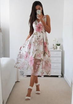 A-Line V-Neck Mid-Calf Floral Organza Homecoming Prom Dress