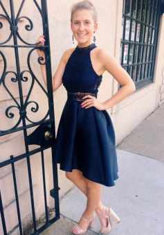 High Low Round Neck Dark Blue Satin Homecoming Dress with Pockets Lace