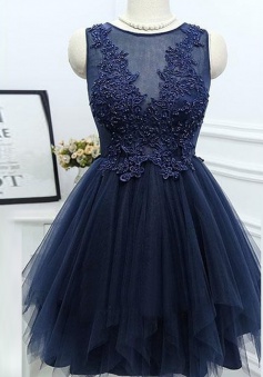 A-Line Jewel Asymmetrical Navy Blue Homecoming Dress with Appliques Beading