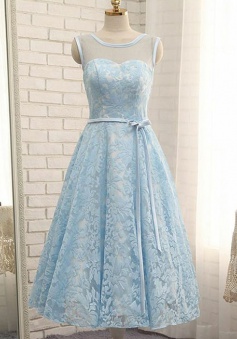 A-Line Bateau Sleeveless Short Blue Lace Homecoming Dress with Sash