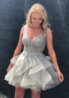 A-Line V-Neck Backless Light Grey Tiered Tulle Homecoming Dress with Appliques