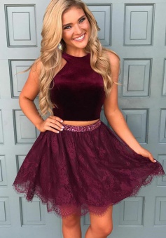Two Piece Round Neck Short Grape Lace Homecoming Dress with Beading
