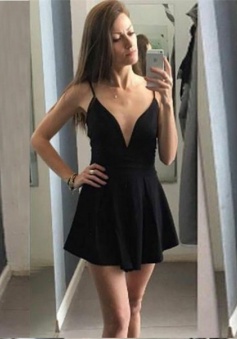 A-Line Spaghetti Straps Backless Elastic Satin Little Black Dress