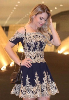 A-Line Off Shoulder Short Sleeves Navy Blue Homecoming Dress with Appliques