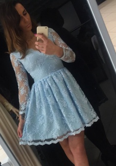 A-Line V-Neck 3/4 Sleeves Short Blue Lace Homecoming Dress