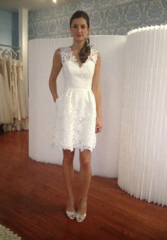 A-Line V-Neck Short White Lace Homecoming Dress with Pockets