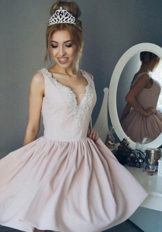 A-Line V-Neck Short Pearl Pink Satin Homecoming Dress with Beading