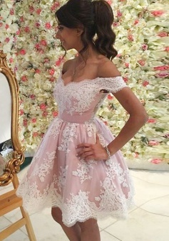 A-Line Off-the-Shoulder Short Pink Tulle Homecoming Dress with Appliques
