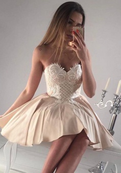 A-Line Sweetheart Short Beige Satin Homecoming Dress with Appliques