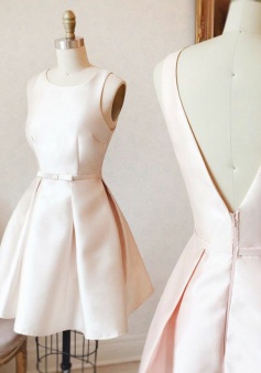 A-Line Bateau V-Back Short Pearl Pink Satin Homecoming Dress with Sash