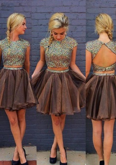 Stylish 2 Piece Jewel Cap Sleeves Short Chocolate Homecoming Dress with Beading Open Back