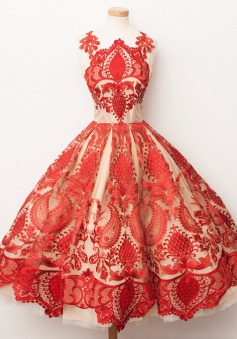 A-Line Jewel Tea-Length Champagne Tulle Homecoming Dress with Red Appliques