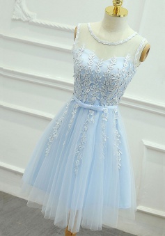 A-Line Jewel Short Blue Tulle Homecoming Dress with Sash Appliques