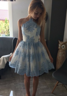 A-Line Jewel Blue Short Tulle Homecoming Dress with Appliques