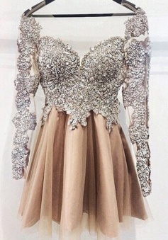 Luxious Illusion Jewel Neck Long Sleeves Champagne Homecoming Dress Beading