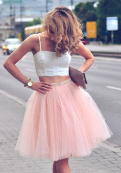 Two Piece Spaghetti Straps Knee-Length Pearl Pink Homecoming Dress