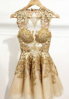 Simple-dress Handmade Scoop Short Gold Tulle Homecoming / Party Dress